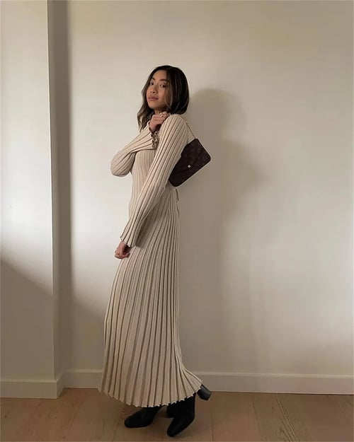 Maxi Knit Dress | Long Sleeve | Pleated | Jumper Dress | Knitted Dress-Fashion Nora