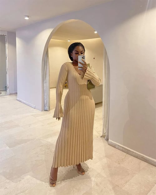 Maxi Knit Dress | Long Sleeve | Pleated | Jumper Dress | Knitted Dress-Fashion Nora