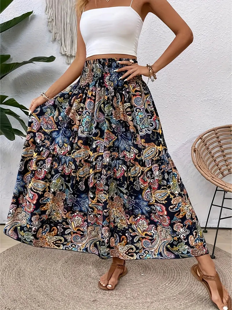 Maxi Skirt - Patterned - Shirred Waist - Boho Style - Long Skirts-Fashion Nora