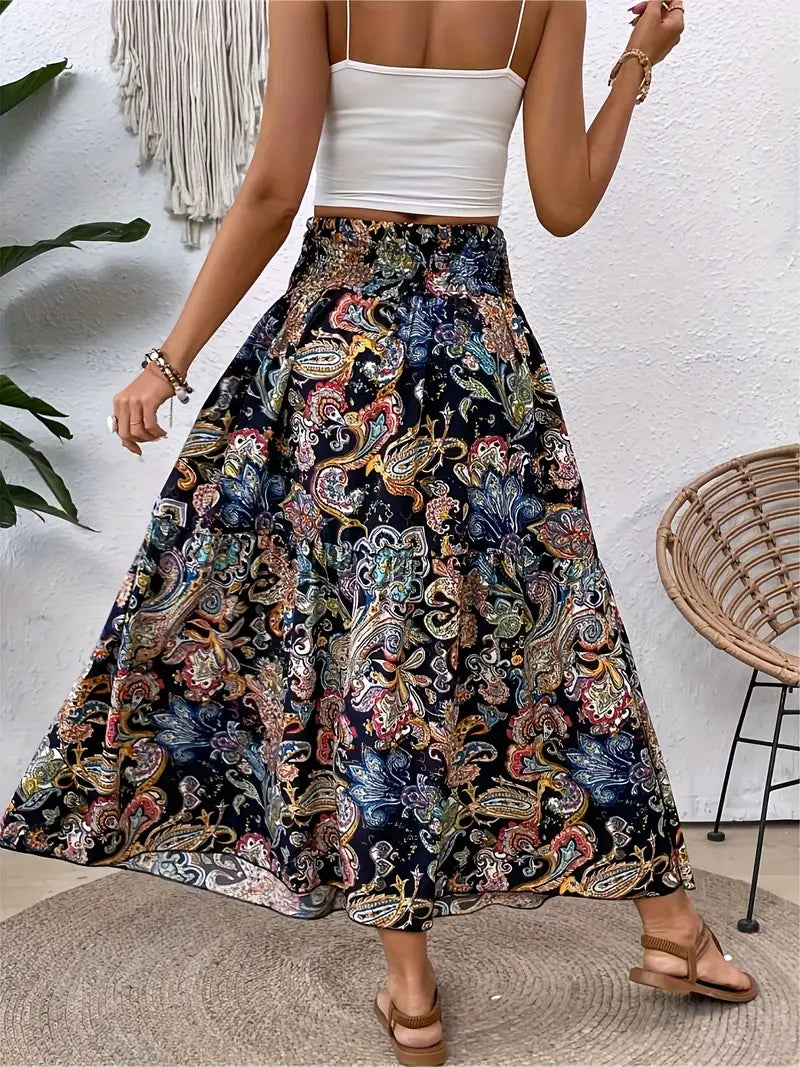 Maxi Skirt - Patterned - Shirred Waist - Boho Style - Long Skirts-Fashion Nora