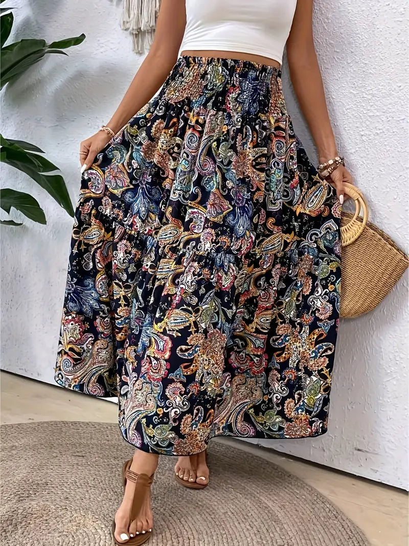 Maxi Skirt - Patterned - Shirred Waist - Boho Style - Long Skirts-Fashion Nora