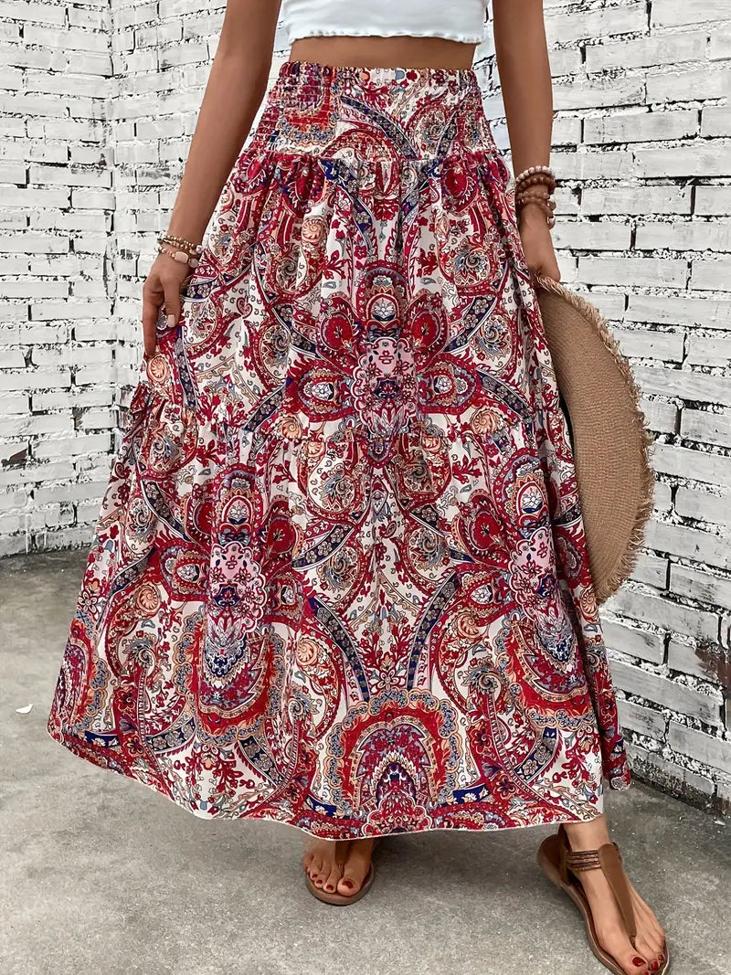 Maxi Skirt - Patterned - Shirred Waist - Boho Style - Long Skirts-Fashion Nora