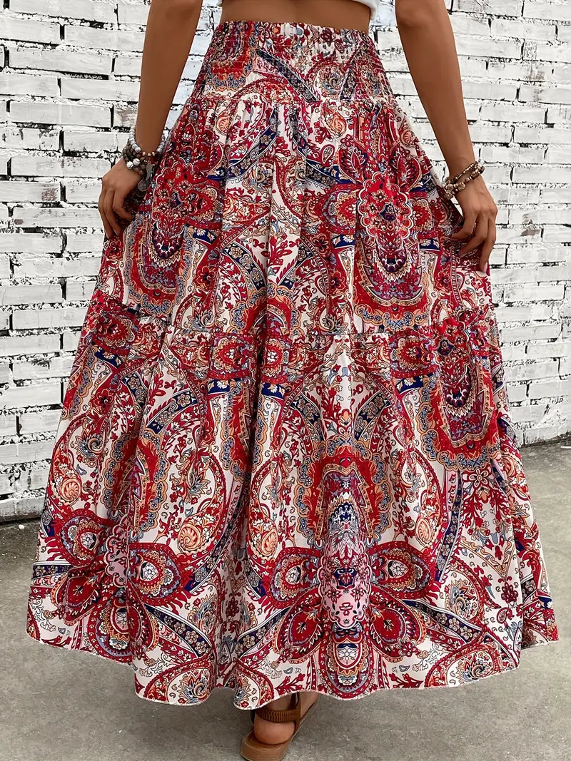 Maxi Skirt - Patterned - Shirred Waist - Boho Style - Long Skirts-Fashion Nora