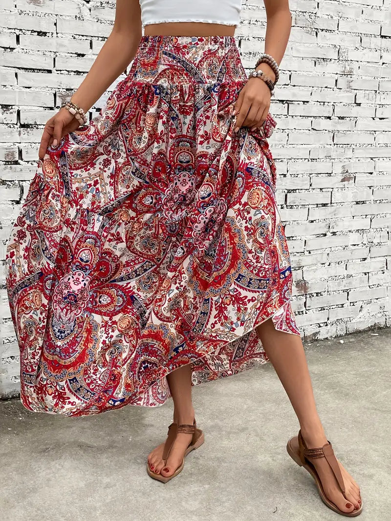 Maxi Skirt - Patterned - Shirred Waist - Boho Style - Long Skirts-Fashion Nora