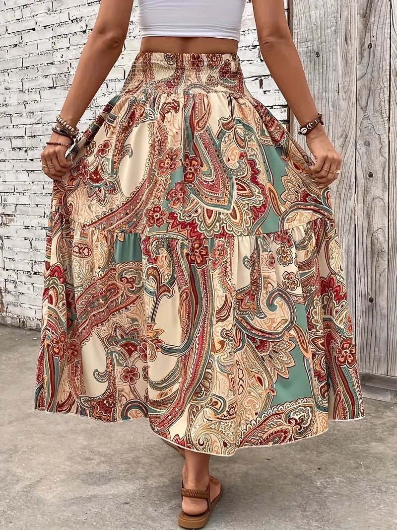Maxi Skirt - Patterned - Shirred Waist - Boho Style - Long Skirts-Fashion Nora