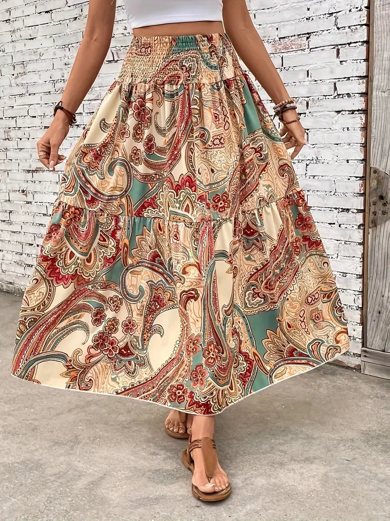 Maxi Skirt - Patterned - Shirred Waist - Boho Style - Long Skirts-Fashion Nora