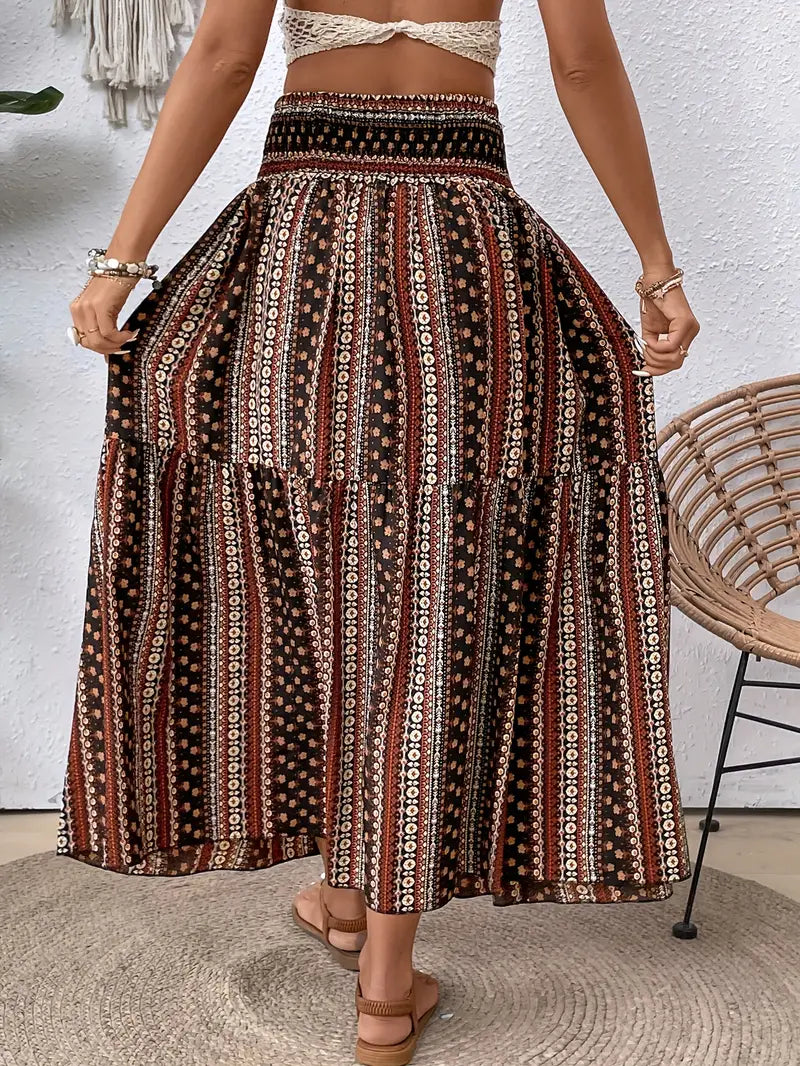 Maxi Skirt - Patterned - Shirred Waist - Boho Style - Long Skirts-Fashion Nora