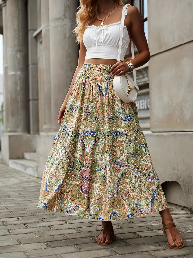 Maxi Skirt - Patterned - Shirred Waist - Boho Style - Long Skirts-Fashion Nora