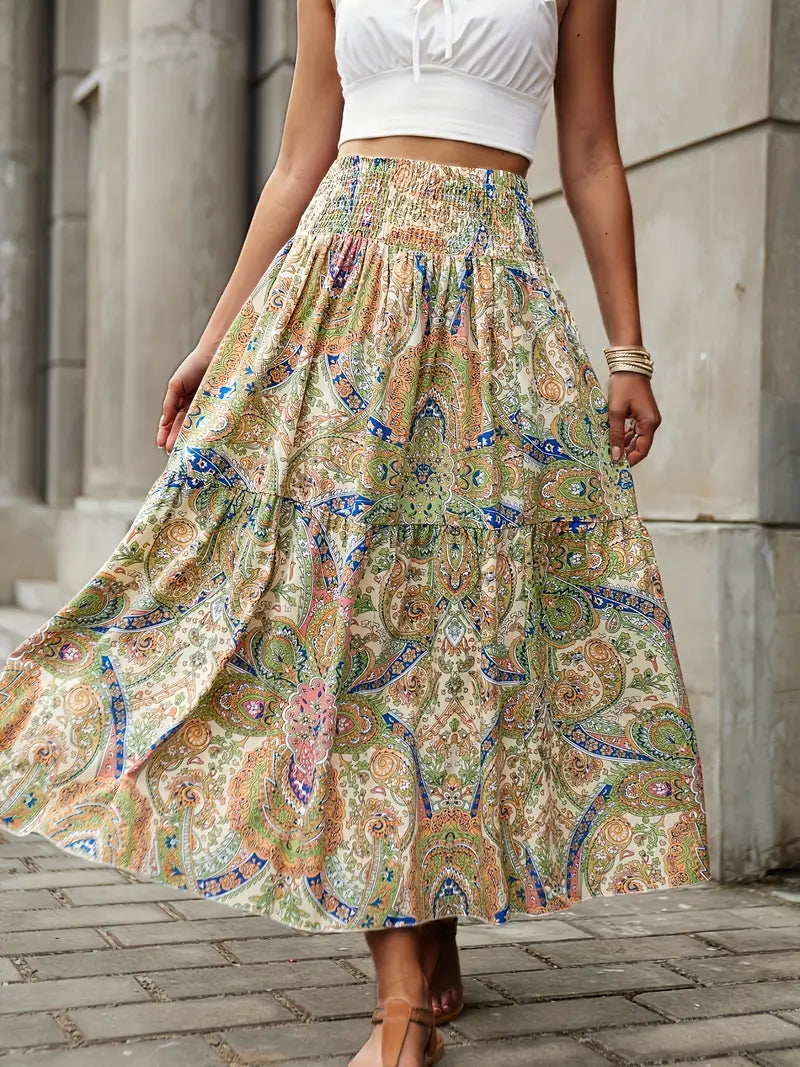 Maxi Skirt - Patterned - Shirred Waist - Boho Style - Long Skirts-Fashion Nora