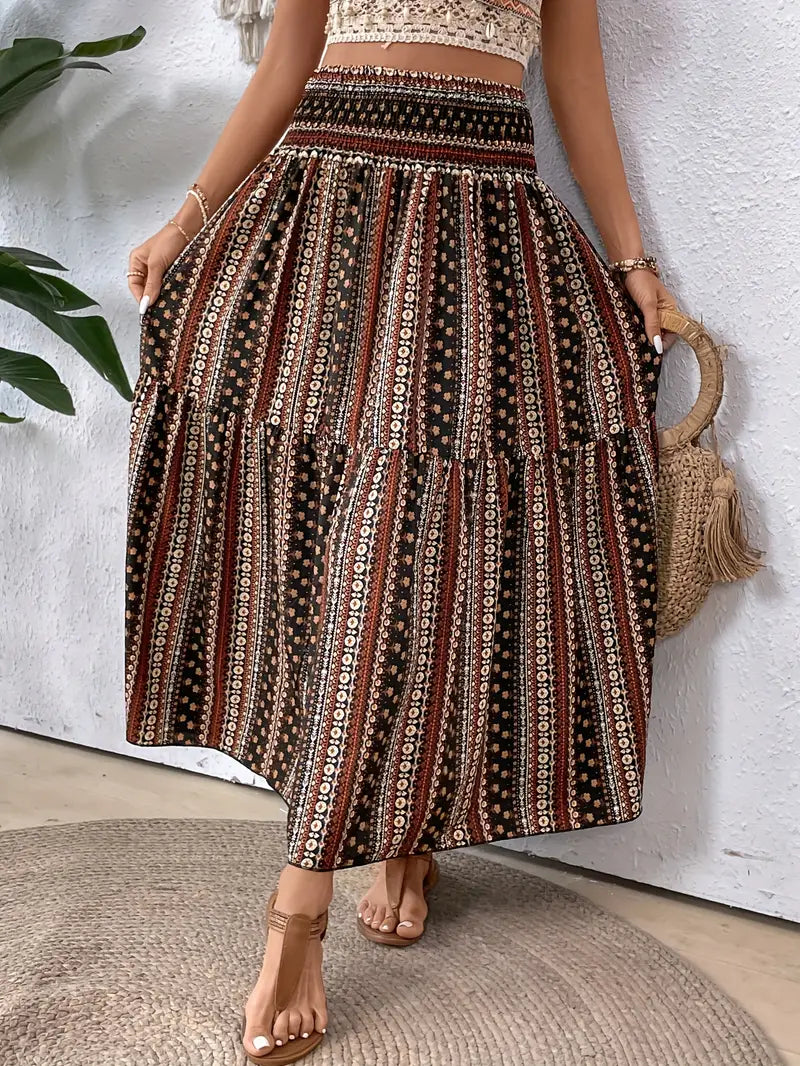 Maxi Skirt - Patterned - Shirred Waist - Boho Style - Long Skirts-Fashion Nora
