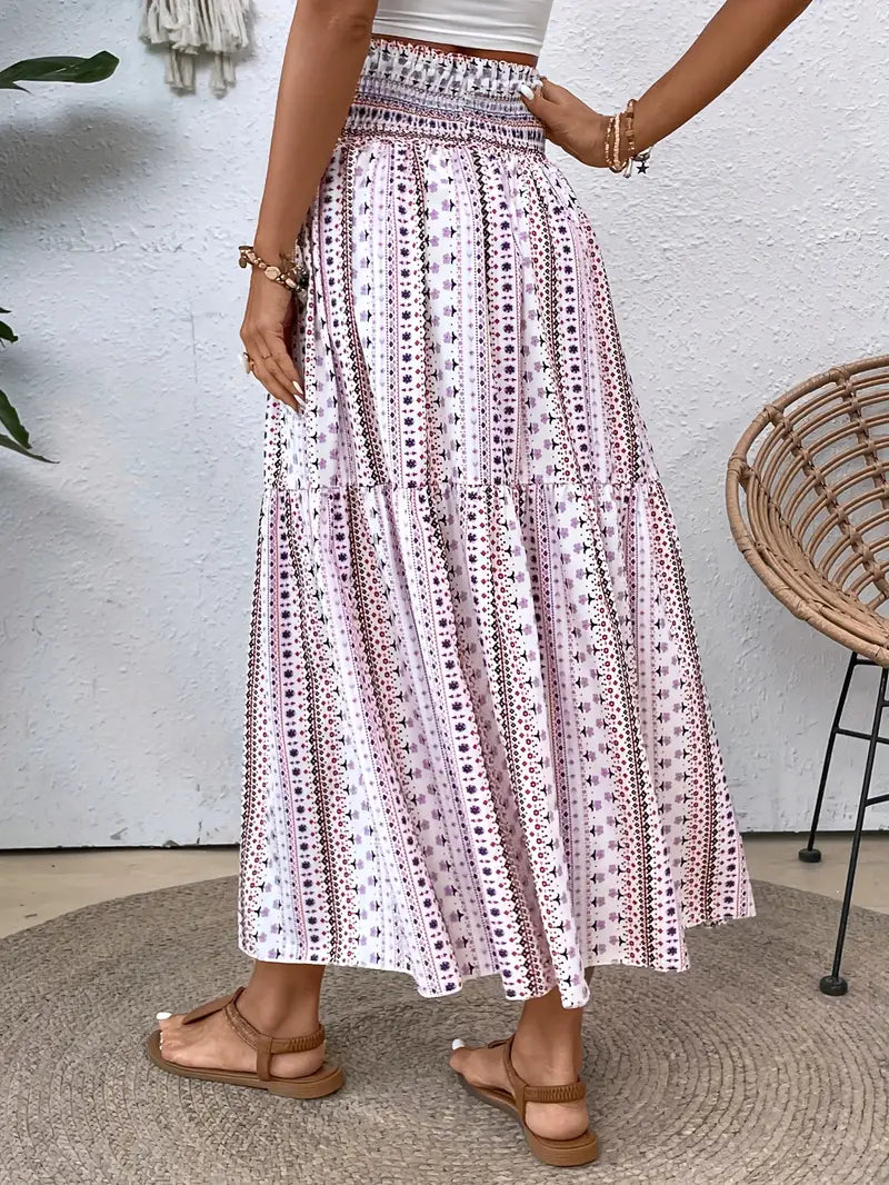 Maxi Skirt - Patterned - Shirred Waist - Boho Style - Long Skirts-Fashion Nora