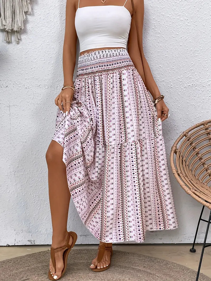 Maxi Skirt - Patterned - Shirred Waist - Boho Style - Long Skirts-Fashion Nora
