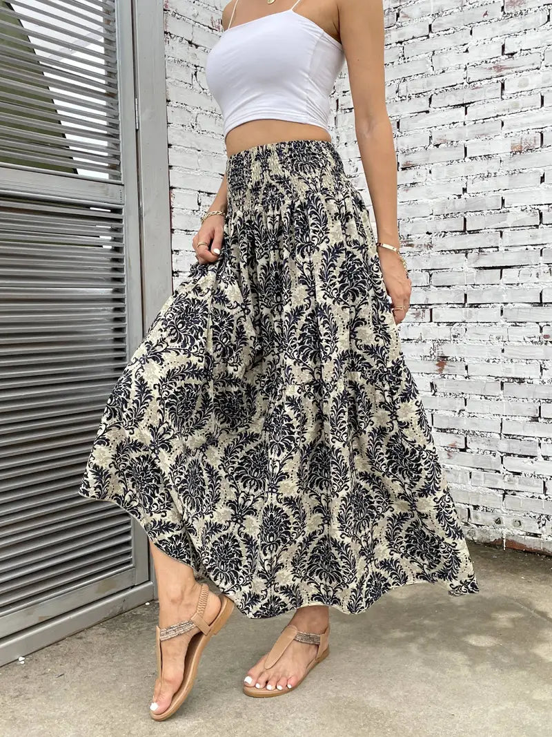 Maxi Skirt - Patterned - Shirred Waist - Boho Style - Long Skirts-Fashion Nora