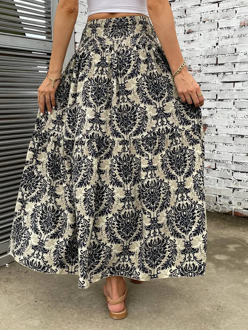 Maxi Skirt - Patterned - Shirred Waist - Boho Style - Long Skirts-Fashion Nora