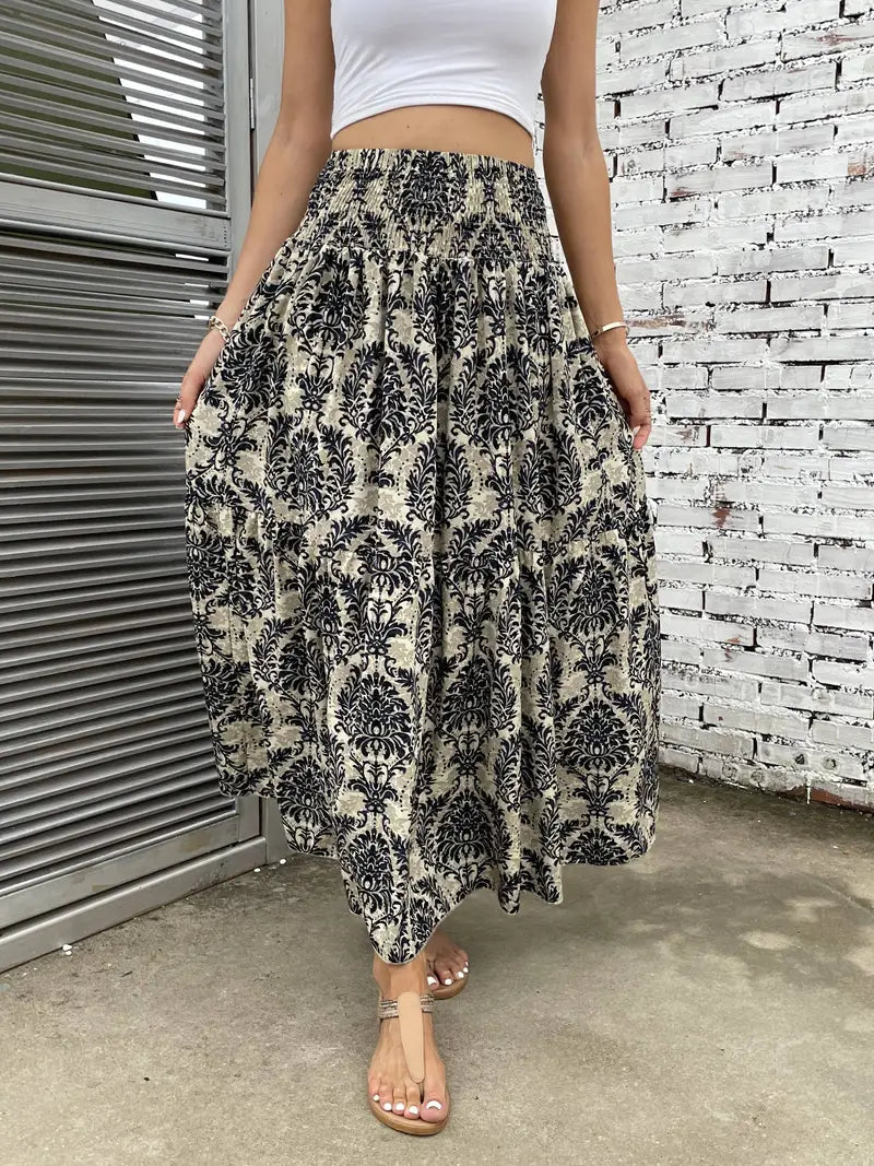 Maxi Skirt - Patterned - Shirred Waist - Boho Style - Long Skirts-Fashion Nora
