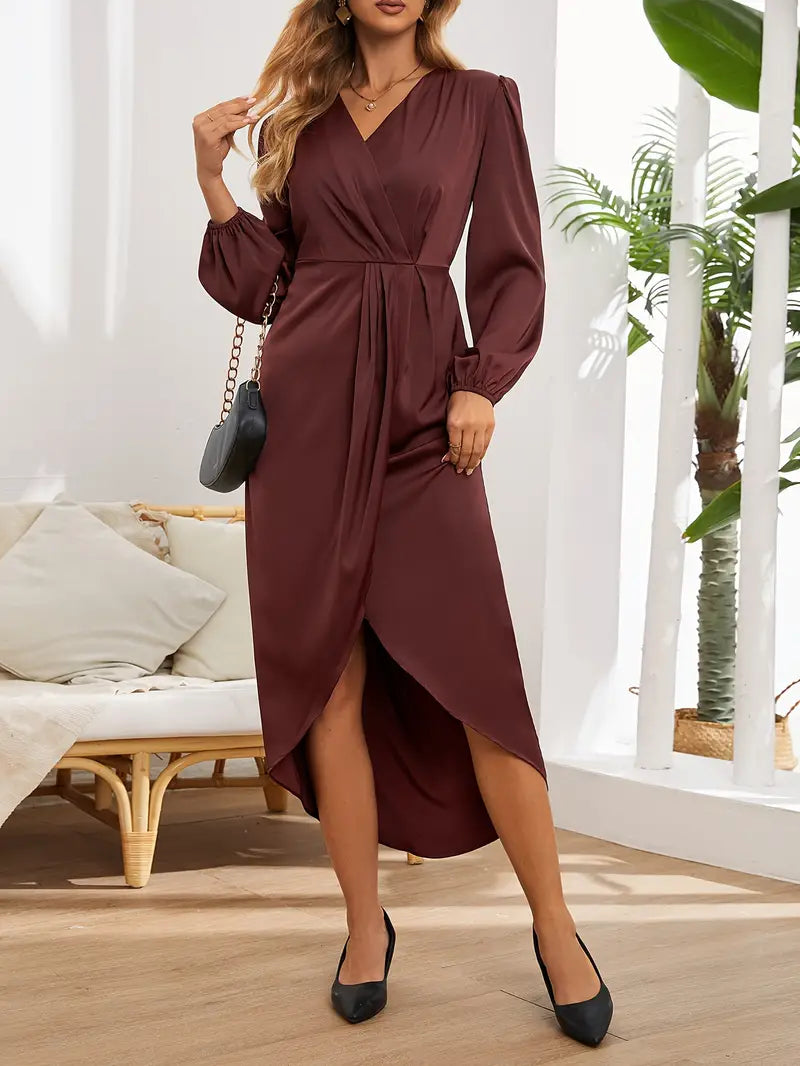 Midi Dress - Long Sleeve - Wrap - Satin Dress - Formal Dress-Fashion Nora