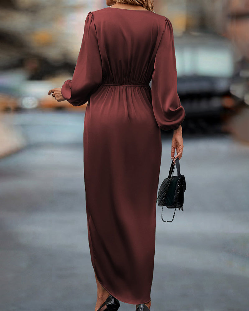 Midi Dress - Long Sleeve - Wrap - Satin Dress - Formal Dress-Fashion Nora