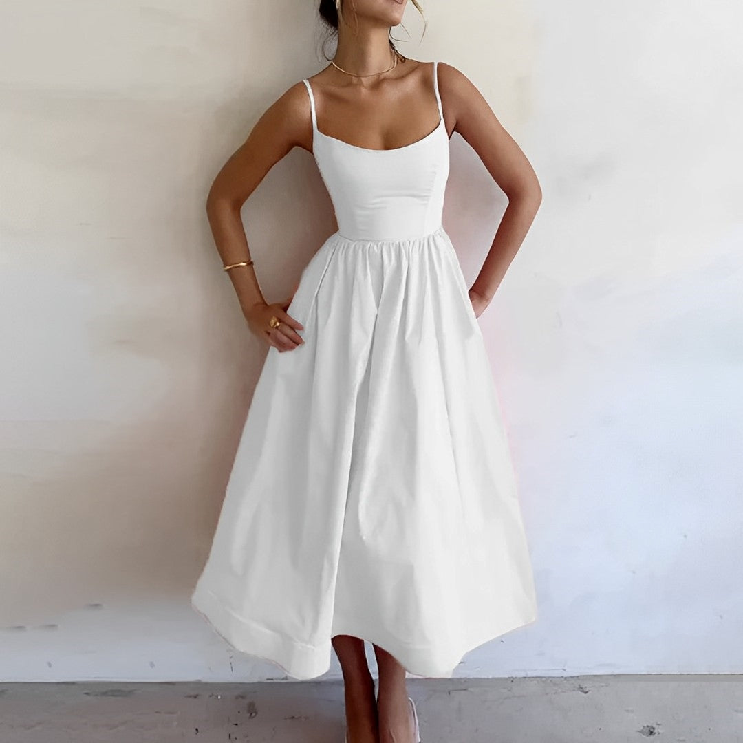 Midi Dress - Puff Hem - Spaghetti Straps - Elegant Dress - Summer Dress-Fashion Nora