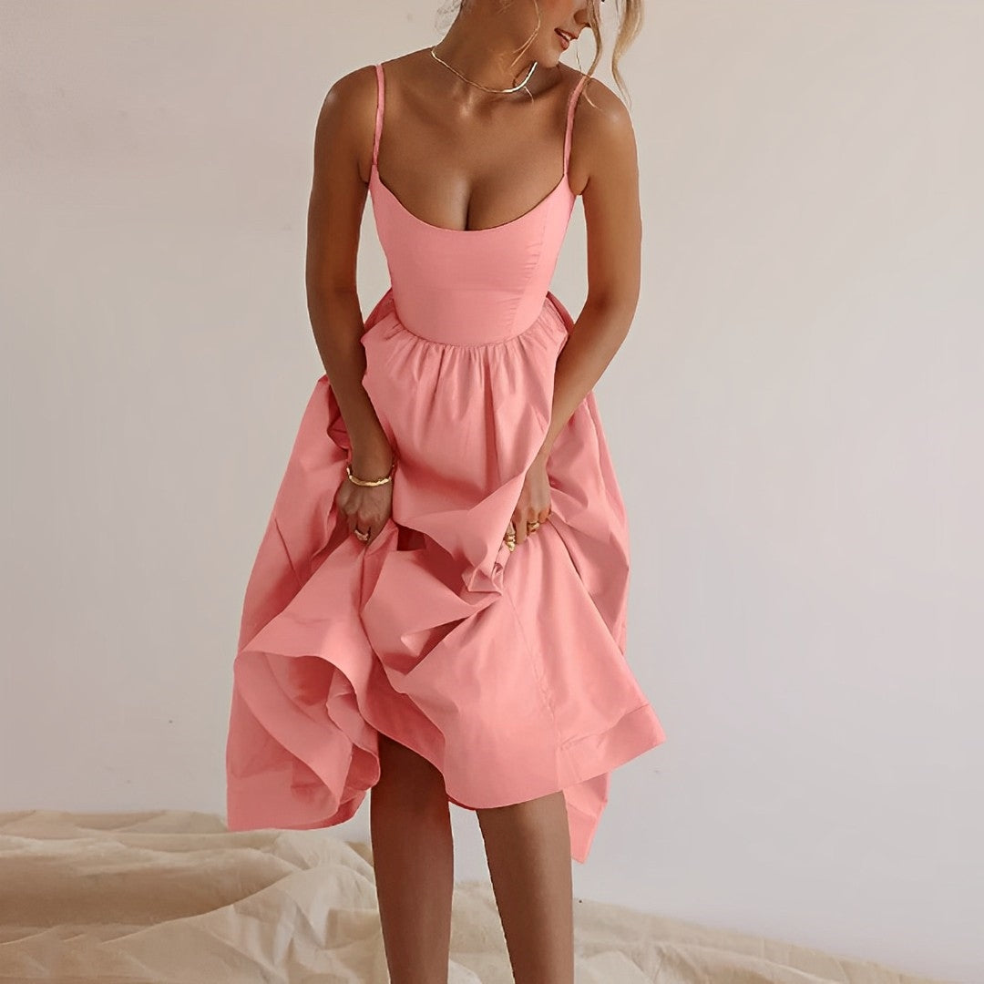 Midi Dress - Puff Hem - Spaghetti Straps - Elegant Dress - Summer Dress-Fashion Nora