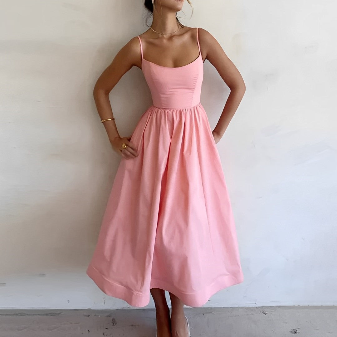 Midi Dress - Puff Hem - Spaghetti Straps - Elegant Dress - Summer Dress-Fashion Nora