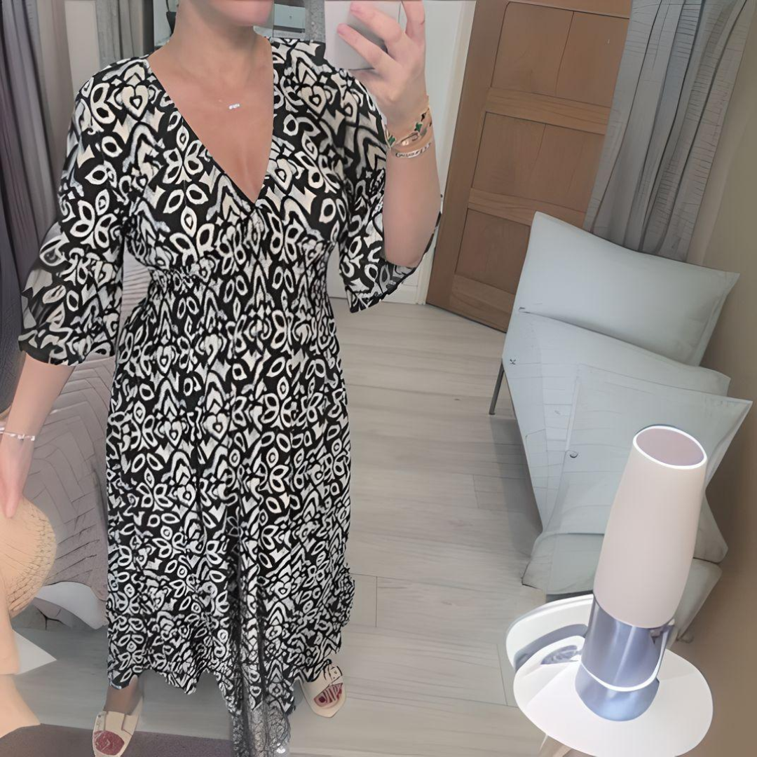 Midi Dress - Shirred Waist - V-Neck - Boho Dress - Casual Dress-Fashion Nora