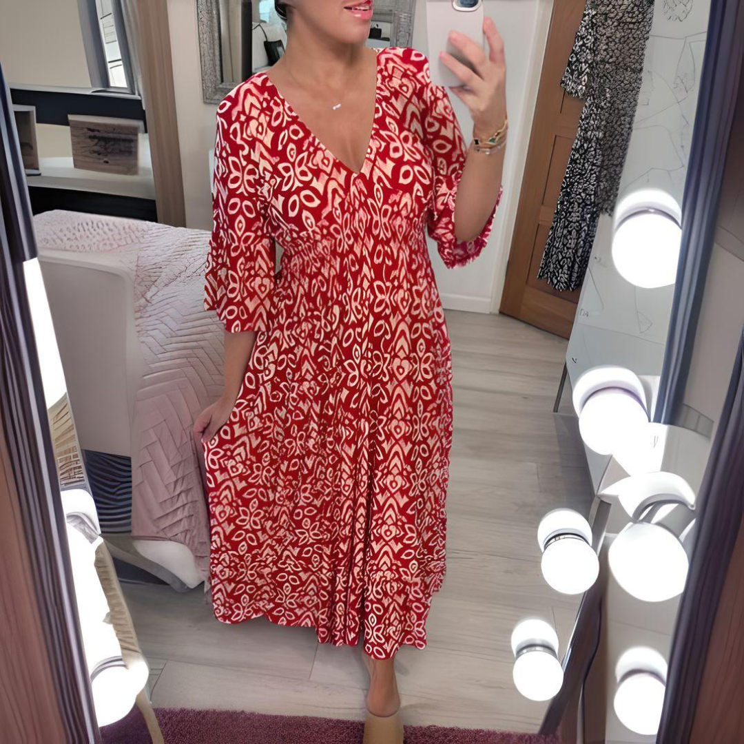Midi Dress - Shirred Waist - V-Neck - Boho Dress - Casual Dress-Fashion Nora