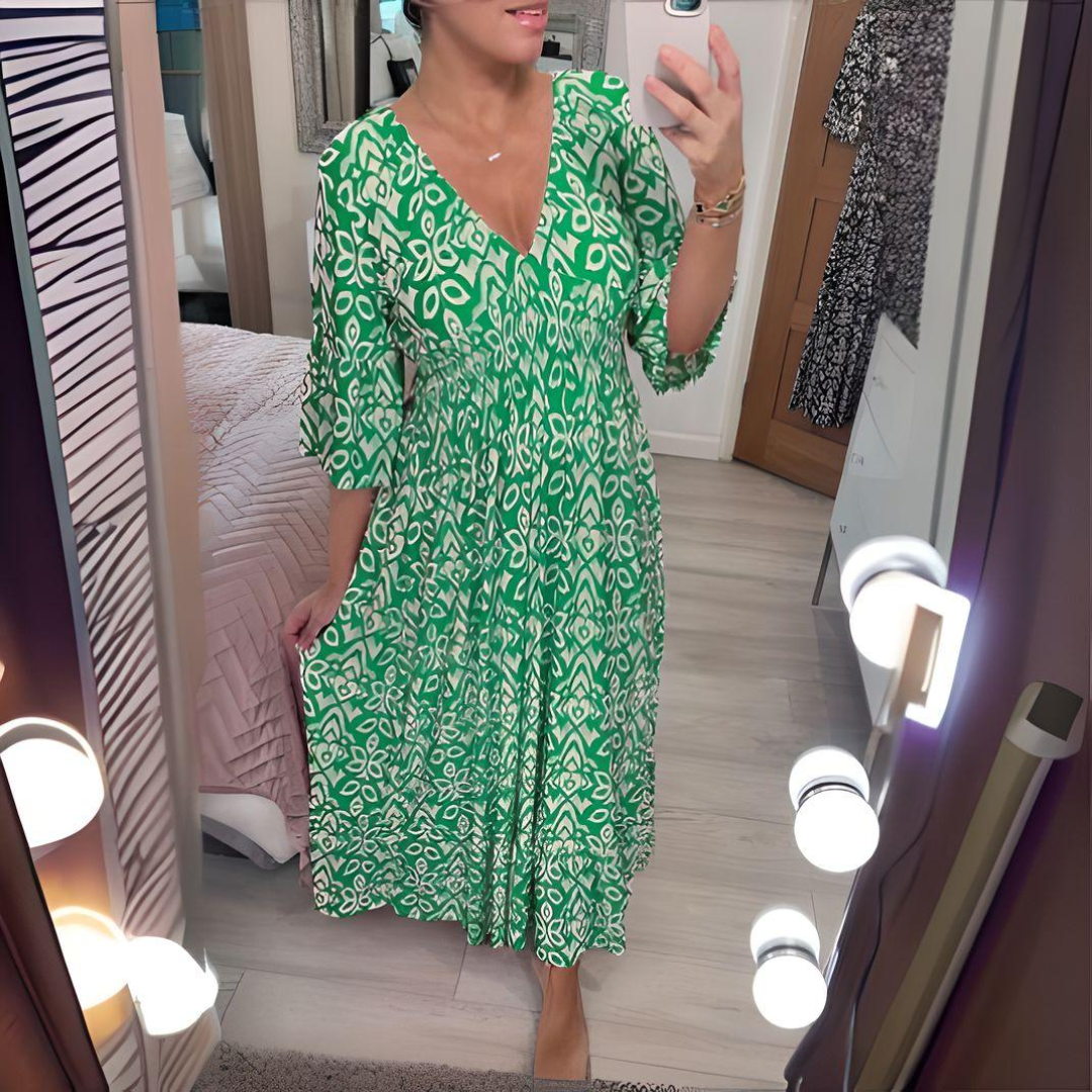Midi Dress - Shirred Waist - V-Neck - Boho Dress - Casual Dress-Fashion Nora