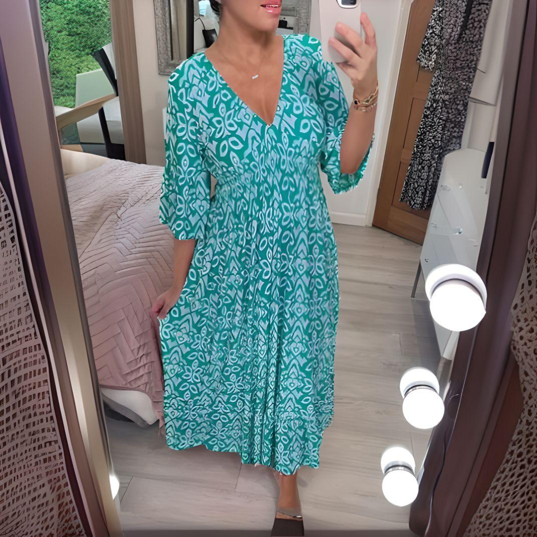 Midi Dress - Shirred Waist - V-Neck - Boho Dress - Casual Dress-Fashion Nora