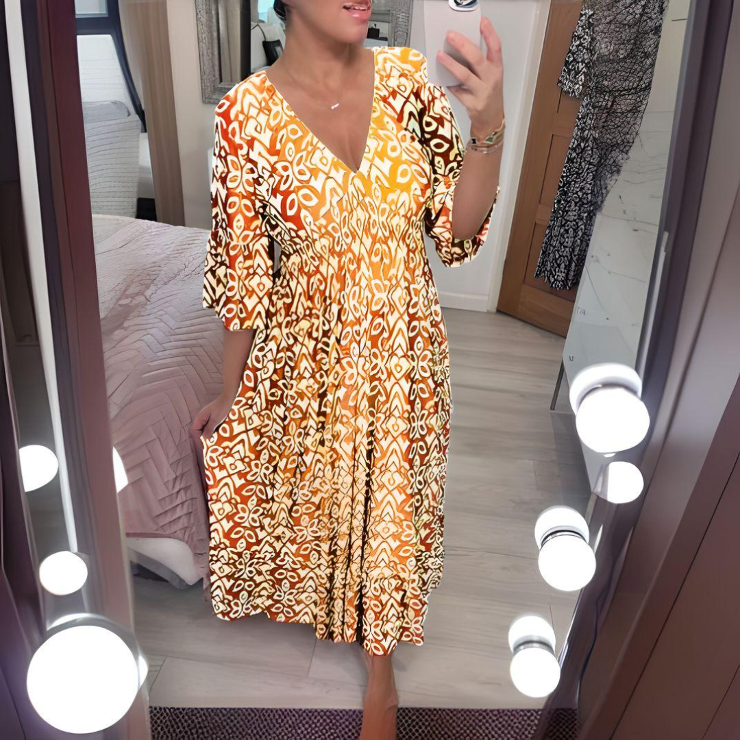 Midi Dress - Shirred Waist - V-Neck - Boho Dress - Casual Dress-Fashion Nora
