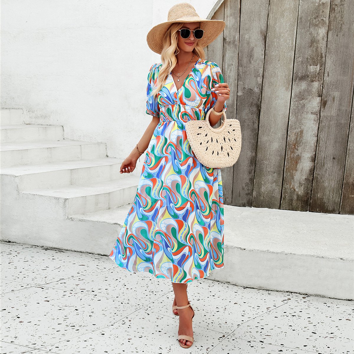 Midi Dress | Short Sleeve | Puff Sleeve | Floral Dress | Summer Dress-Fashion Nora