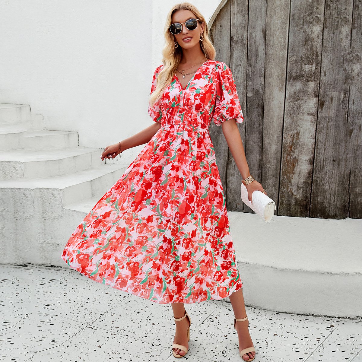 Midi Dress | Short Sleeve | Puff Sleeve | Floral Dress | Summer Dress-Fashion Nora