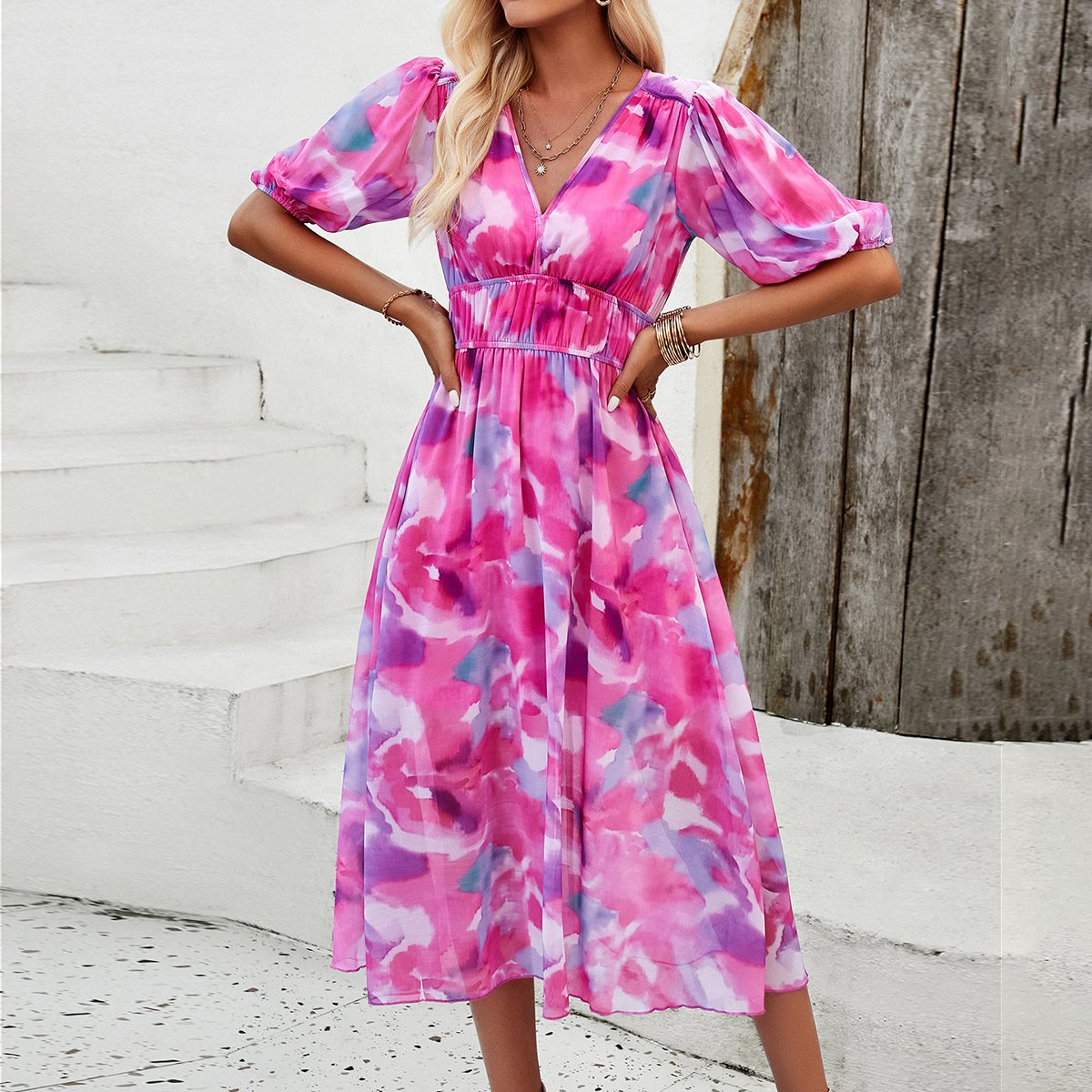 Midi Dress | Short Sleeve | Puff Sleeve | Floral Dress | Summer Dress-Fashion Nora