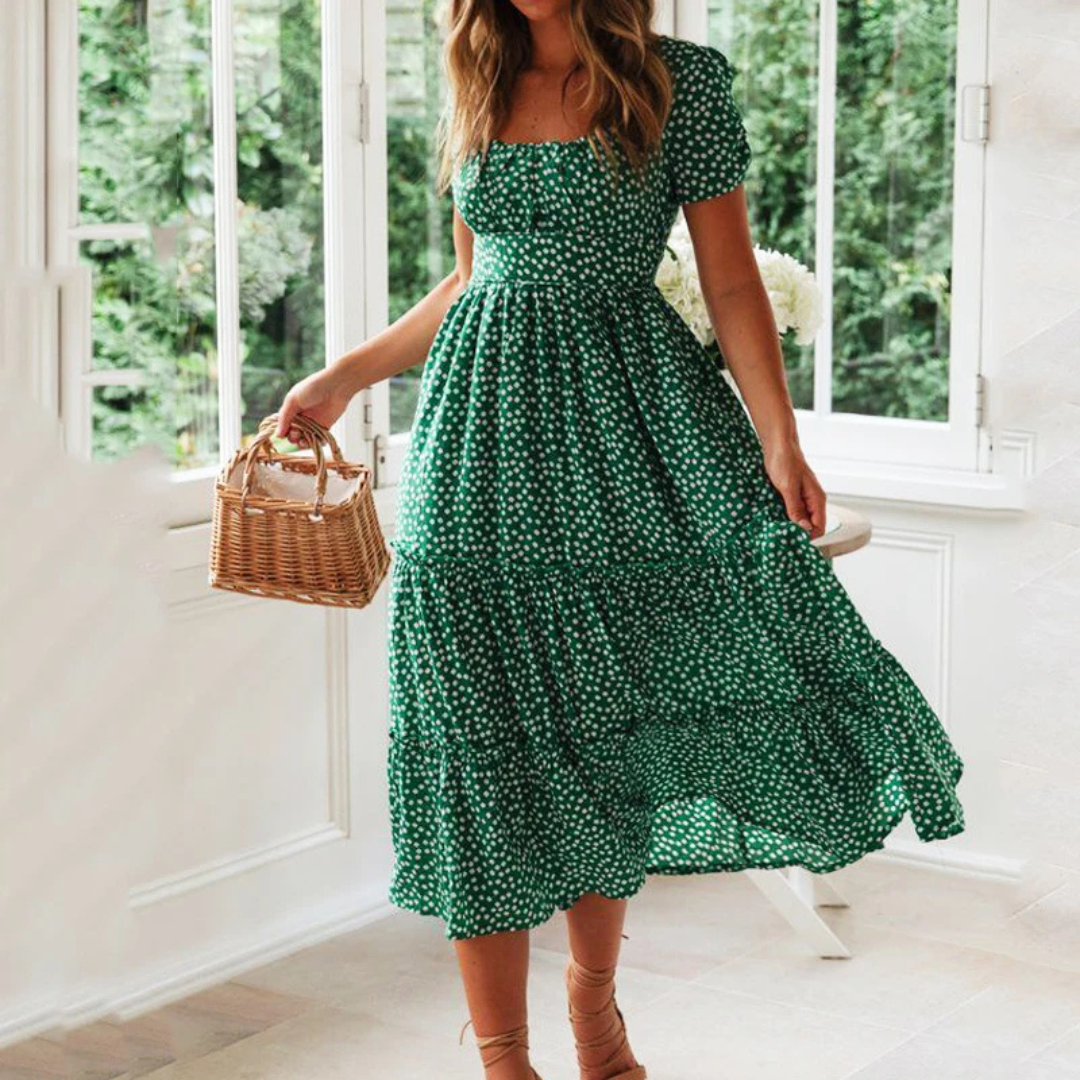 Midi Dress | Short Sleeve | Round Neck | A-Line Dress | Summer Dress-Fashion Nora