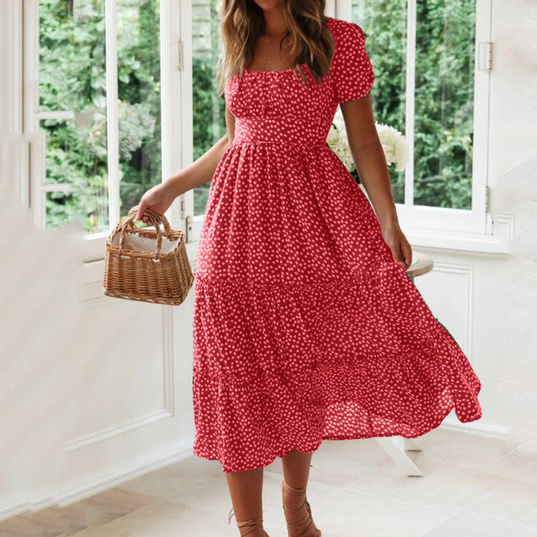Midi Dress | Short Sleeve | Round Neck | A-Line Dress | Summer Dress-Fashion Nora
