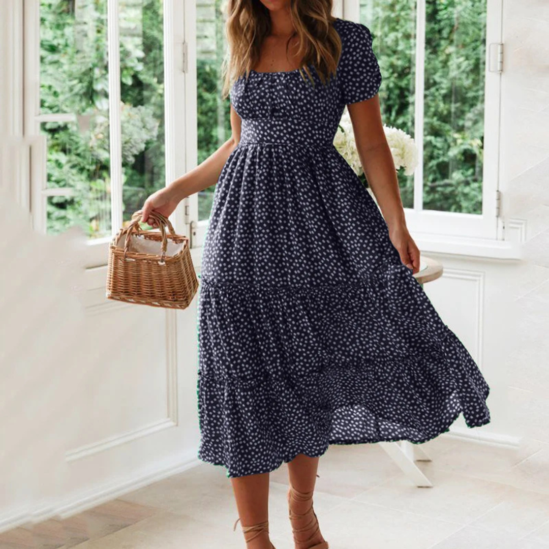 Midi Dress | Short Sleeve | Round Neck | A-Line Dress | Summer Dress-Fashion Nora