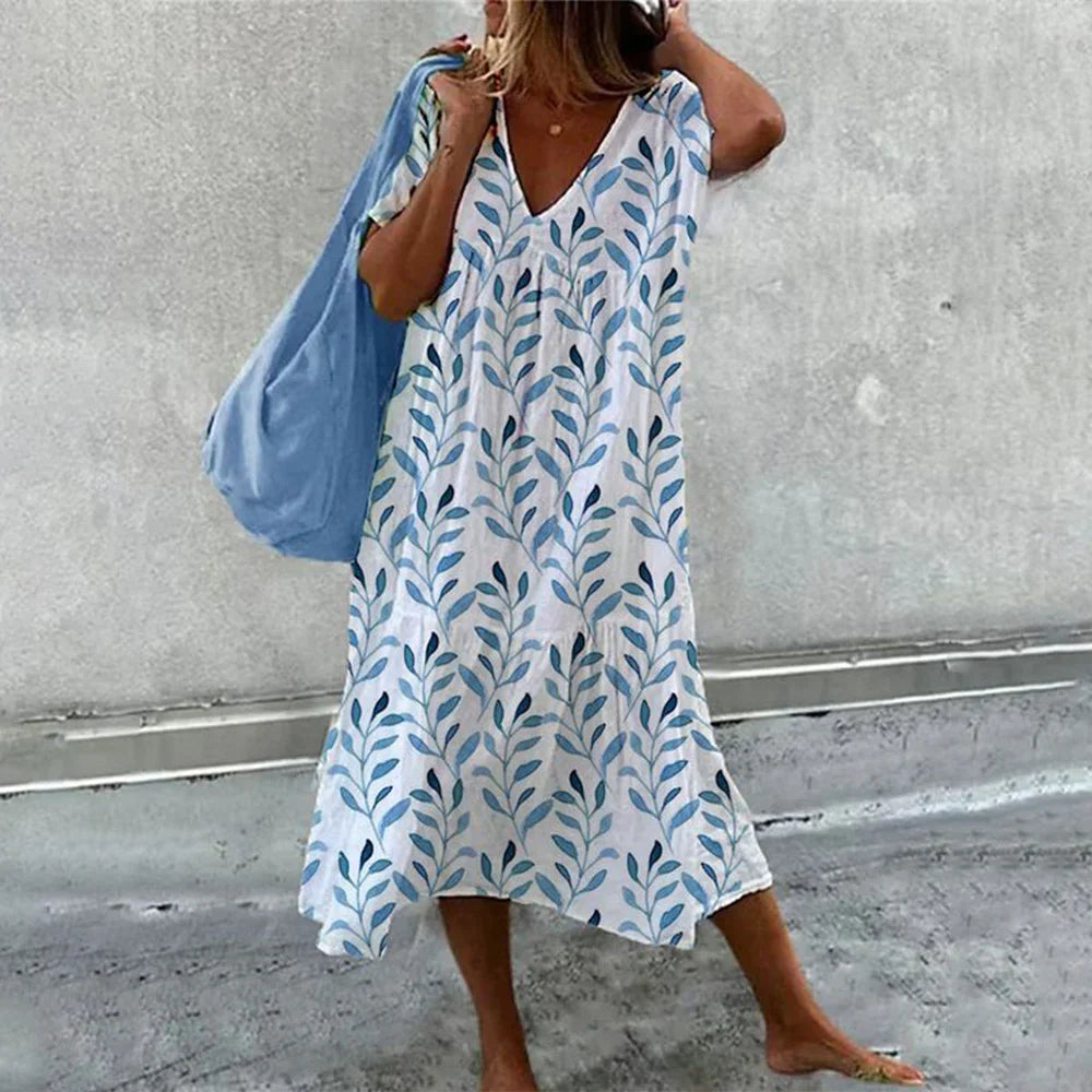 Midi Dress - Women's Loose Fit A-Line V-Neck Summer Dress-Fashion Nora