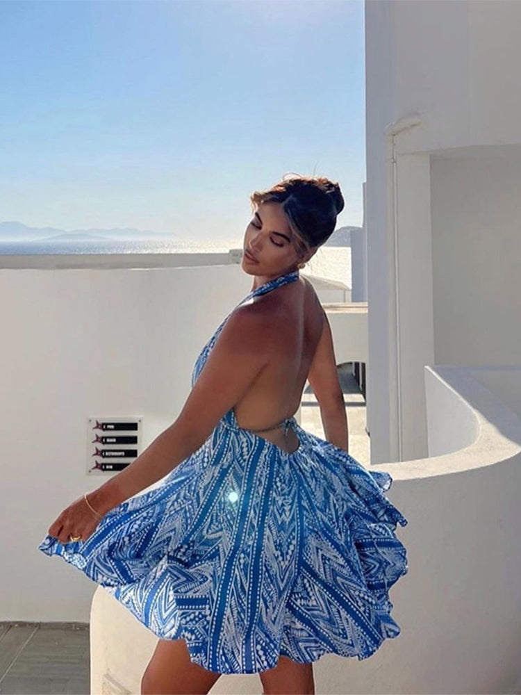 Mini Dress - Halterneck V-Neck Open-Back Summer Dress-Fashion Nora