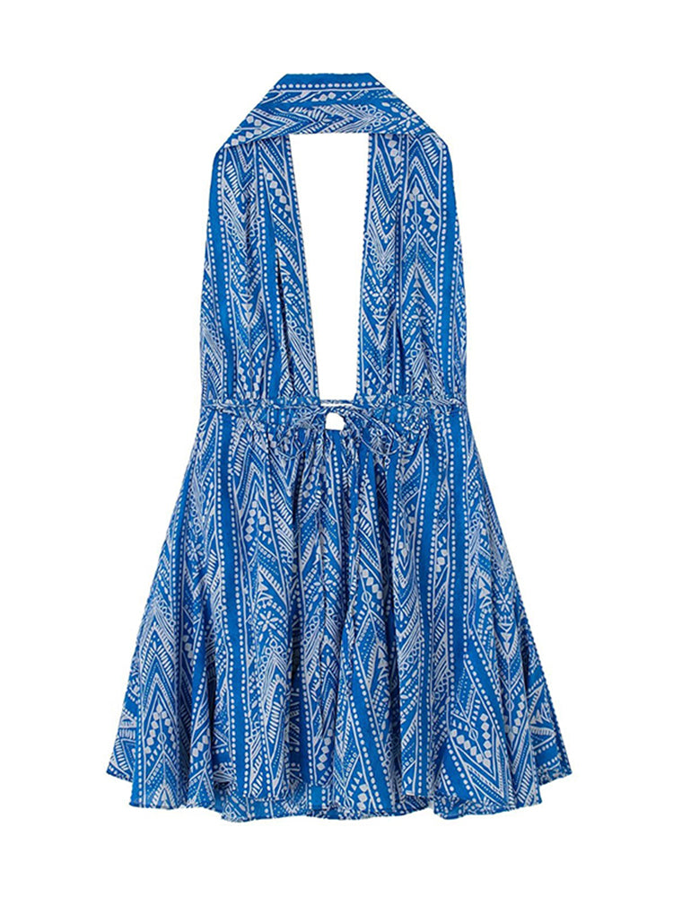 Mini Dress - Halterneck V-Neck Open-Back Summer Dress-Fashion Nora