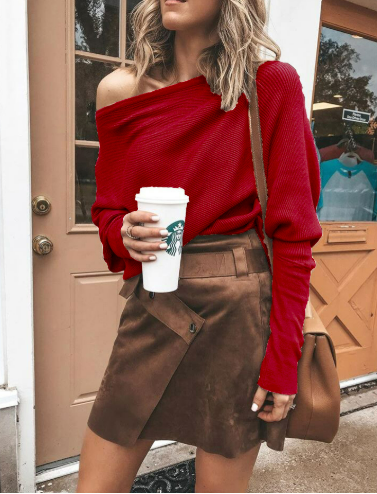 One Shoulder Jumper - Dolman Sleeve - Batwing Sleeve - Knitted Sweater - Women's Clothing-Fashion Nora