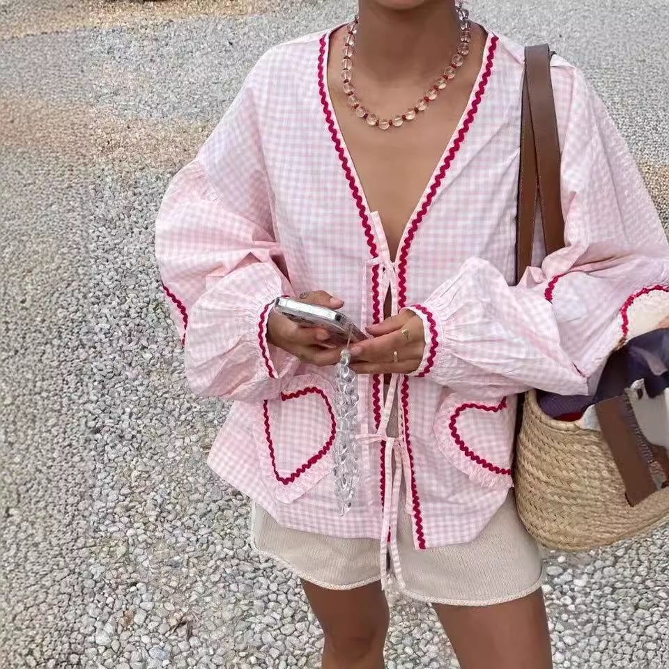 Oversized Blouse - Women's Plaid Long Sleeve Loose Fit Tie-Front Shirt-Fashion Nora