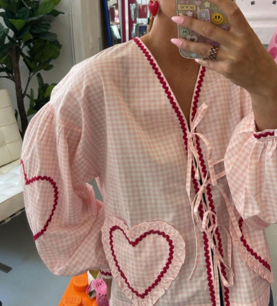 Oversized Blouse - Women's Plaid Long Sleeve Loose Fit Tie-Front Shirt-Fashion Nora