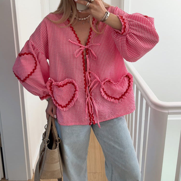 Oversized Blouse - Women's Plaid Long Sleeve Loose Fit Tie-Front Shirt-Fashion Nora