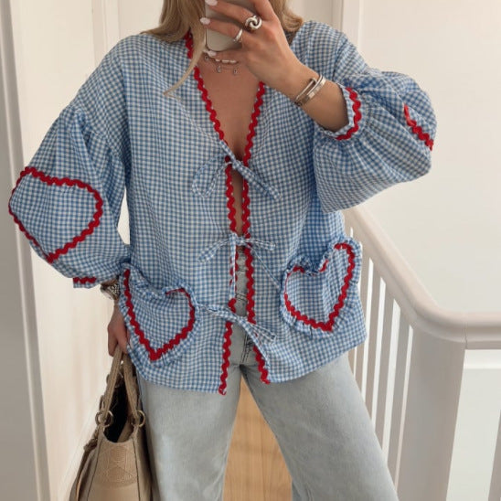 Oversized Blouse - Women's Plaid Long Sleeve Loose Fit Tie-Front Shirt-Fashion Nora