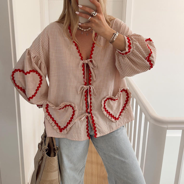 Oversized Blouse - Women's Plaid Long Sleeve Loose Fit Tie-Front Shirt-Fashion Nora