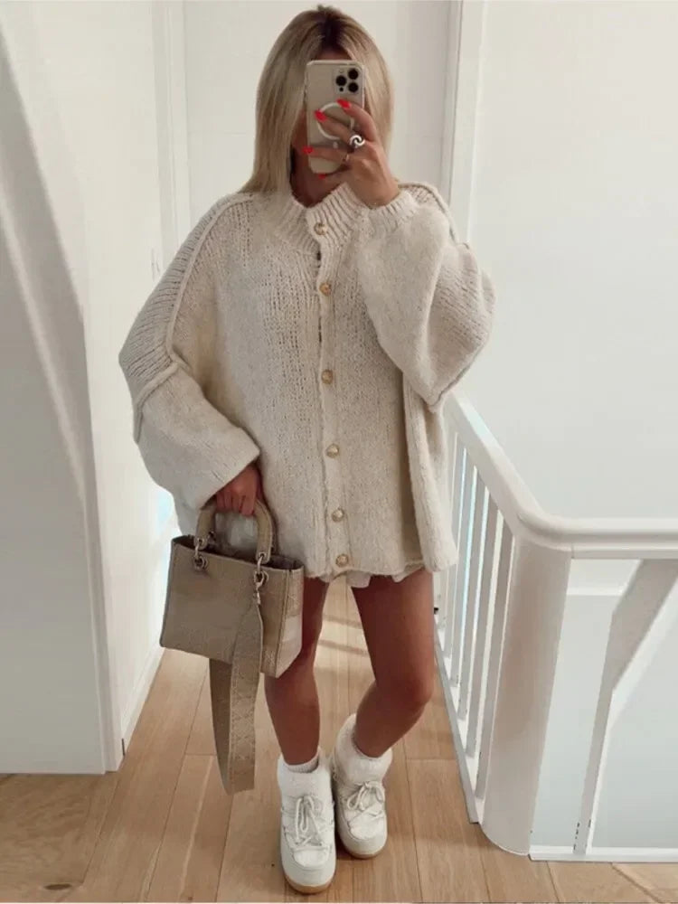 Oversized Cardigan - Button-Up - Chunky - Knitted Cardigan - Women's Cardigan-Fashion Nora