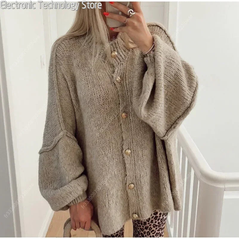 Oversized Cardigan - Button-Up - Chunky - Knitted Cardigan - Women's Cardigan-Fashion Nora