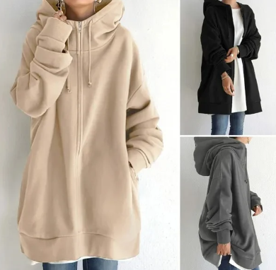Oversized Hoodie | Long | Loose Fit | Zip-Up Hoodie | Hoodies for Women-Fashion Nora