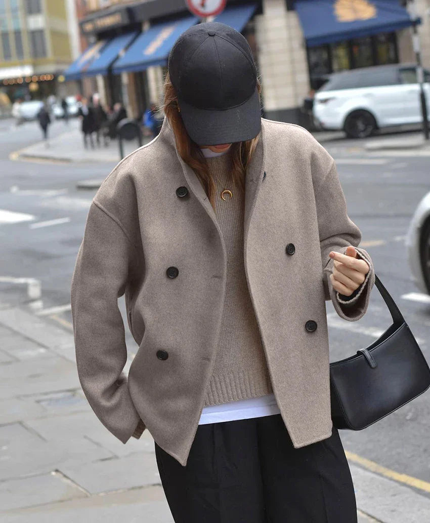 Oversized Jacket - Short - Double Breasted - Woolen Jacket - Women's Jacket-Fashion Nora