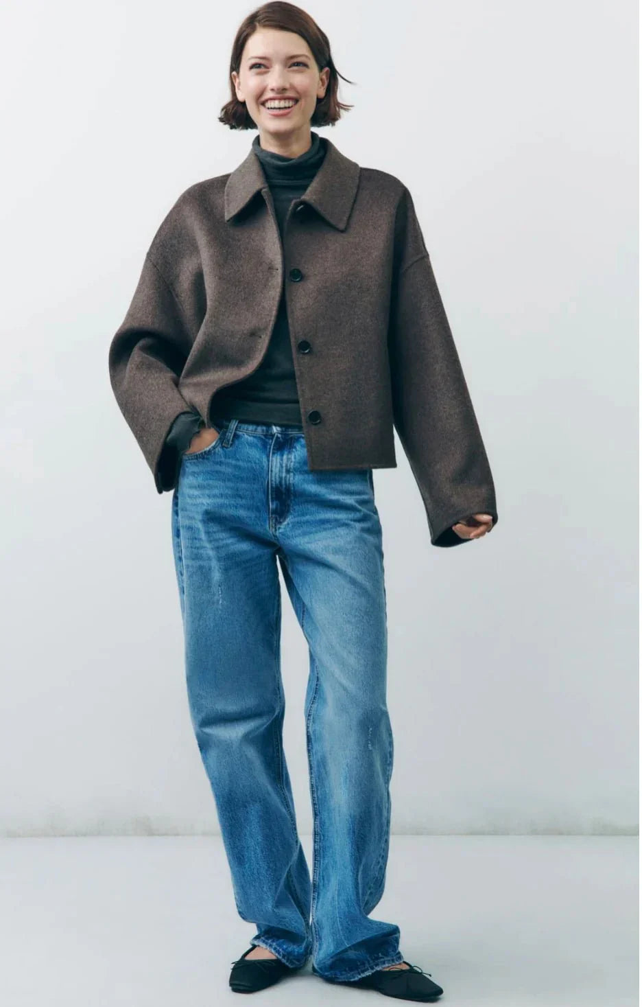 Oversized Jacket | Single Breasted | Brown | Short Wool Jacket | Women's Jacket-Fashion Nora