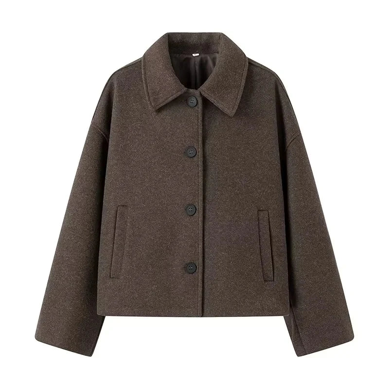 Oversized Jacket | Single Breasted | Brown | Short Wool Jacket | Women's Jacket-Fashion Nora